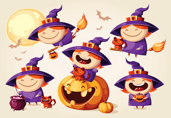 Halloween cartoon witch set. Vector character