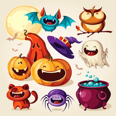 Set of Halloween cartoon elements. Vector illustration