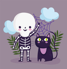 happy halloween, skeleton costume and cat trick or treat party celebration