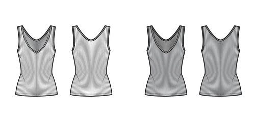 Ribbed open-knit tank technical fashion illustration with fitted body, deep V-neckline, elongated hem. Flat outwear top apparel template front, back, white grey color. Women, men unisex shirt mockup