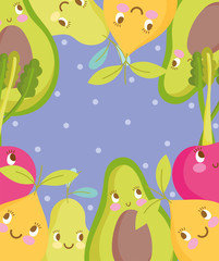 Obraz na płótnie Canvas cute food pattern design, avocado pear cherry orange fresh fruits cartoon