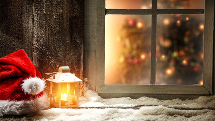 Wooden window sill and christmas time 