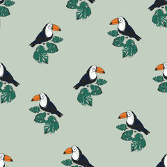 Toucan with tropical leaves on khaki background seamless pattern print design for textiles summer tropics vector illustration