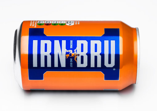 LONDON, UK - MARCH 15, 2017: Can of Irn-Bru lemonade soda drink on white. Produced by Barr in Scotland, UK