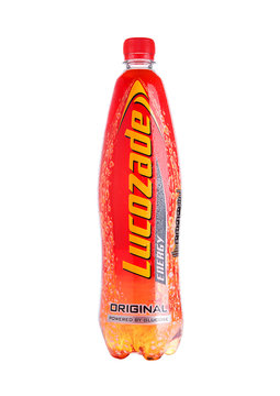 LONDON, UK - NOVEMBER 05, 2017: Lucozade Original Energy Drink Shot In Studio On White Background