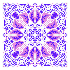 Ornament of purple silhouette flowers, twisted leaves in a square. 