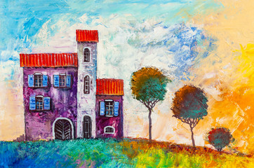 Oil painting, house in the village - 372949994