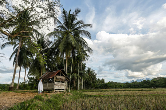 Aceh, Indonesia, 21/8/2020: An old woman is praying on the embankment before carrying out activities in the rice fields, in Indrapuri, Aceh Besar.