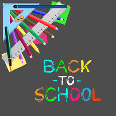 Back to school concept.Vector illustration of school accessories,school supplies on dark  background and text.graphic elements for poster or website banner.