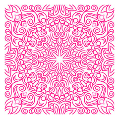 Ornament of pink silhouette flowers, twisted leaves in a square.