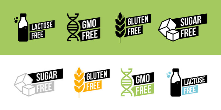 Lactose free, Sugar free, Gluten free, GMO free vector labels for food emblems designs, can be used as stamps, seals, badges, for packaging etc.