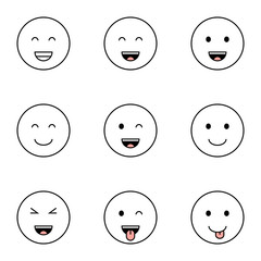 Conjunto de emoticones. Caras felices. Concepto de emoticones, sonrisa, alegría. Ilustración vectorial estilo plano