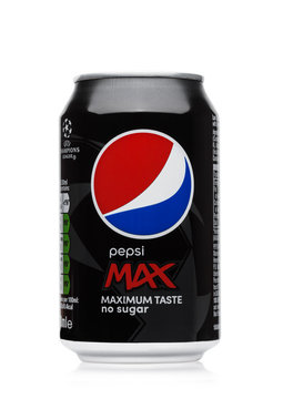 LONDON, UK - JUNE 9, 2017: Aluminium can of Pepsi Cola MAX soft drink on white.American multinational food and beverage company