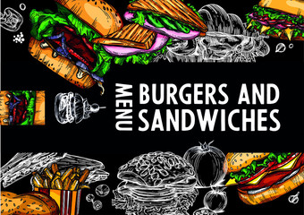 Sketch vector fast food colorful banners. Design templates with hand-drawn hamburger, sandwich, French fries