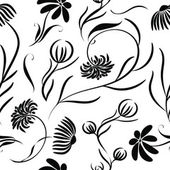  Black and white floral background. Seamless pattern.