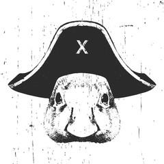 Portrait of Duck with a pirate hat. Vector. 