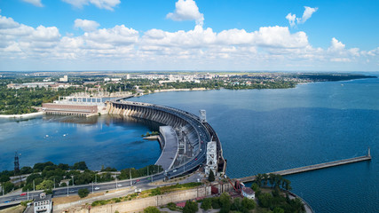 Flying over the hydroelectric power station on the Dnieper River