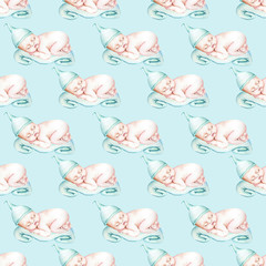 Fototapeta premium Watercolor seamless pattern with baby boy