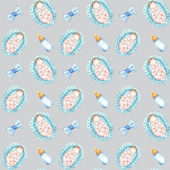 Watercolor seamless pattern with baby boy