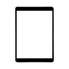 Modern black tablet computer mockup with blank vertical screen, isolated on white background, front view. Vector illustration