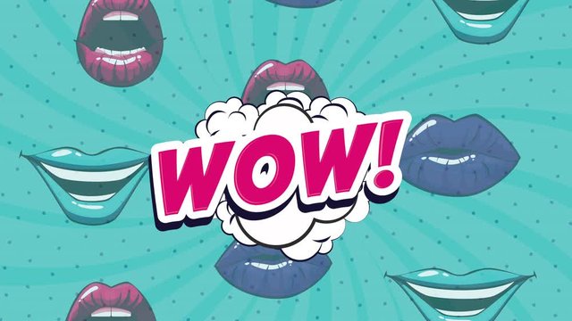 pop art style animation with mouths and wow word