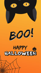 Vector vertical banner, happy halloween holiday concept. Illustration of a black cat looking out from above, as if scaring and saying boo! Bright orange background.