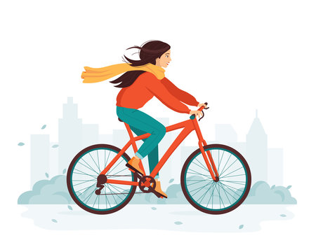 Young happy woman rides a bicycle in the autumn city. The concept of outdoor activity and healthy lifestyle in the fall. Cold season. Eco-friendly transport, vehicle. Cute cartoon vector illustration