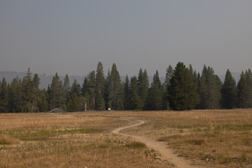 Fototapeta premium Smokey Skies Over Washoe Meadows with Echo Summit Peaks Shrouded by Smoke in the Lake Tahoe Basin