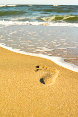 Footprints on the yellow sand flooded with sea waves