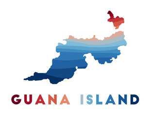 Obraz premium Guana Island map. Map of the island with beautiful geometric waves in red and blue colors. Vivid Guana Island shape. Vector illustration.