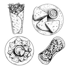 Hand drawn sketch style mexican food set. Top view. Nachos with sauce on plate, burrito, taco and quesadillas on plate. Traditional Mexico food in vintage style. Vector illustration for menu designs.