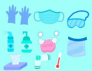 Must have item for covid-19 and health products.Equipment including  medical mask medical masks, gloves, wet wipes, face shield, protective glasses, soap, sanitizer and spray.Coronavirus concept.