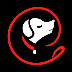 Dog silhouette walking service logo on round from red leash. Happy puppy training icon. Walk pet symbol in black vector illustration. Simple Cartoon animal logotype