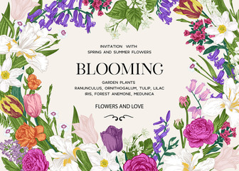 Blooming. Summer wedding invitation with garden flowers. Horizontal. Iris, tulip, bell, ranunculus, forest anemone, lilac, star of Bethlehem, clove.