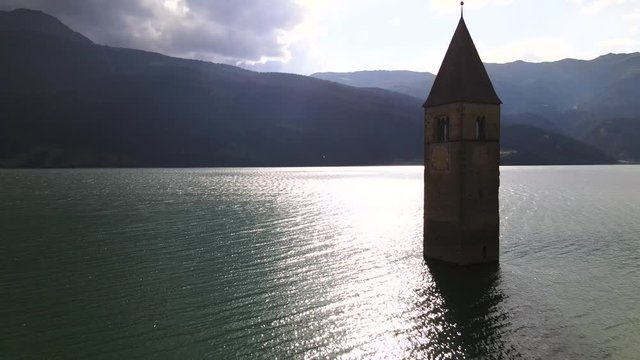 Curon Lake with tower from the lake