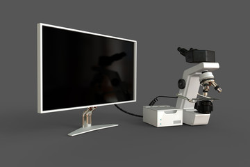 White laboratory microscope, system block and empty screen isolated, photorealistic medical 3d illustration with fictional design, biotechnology research concept
