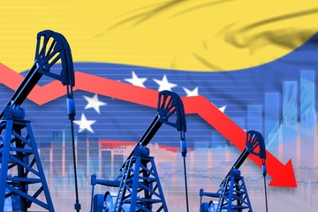 lowering, falling graph on Venezuela flag background - industrial illustration of Venezuela oil industry or market concept. 3D Illustration