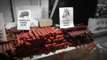 Horse sausage in street food market, Serbia