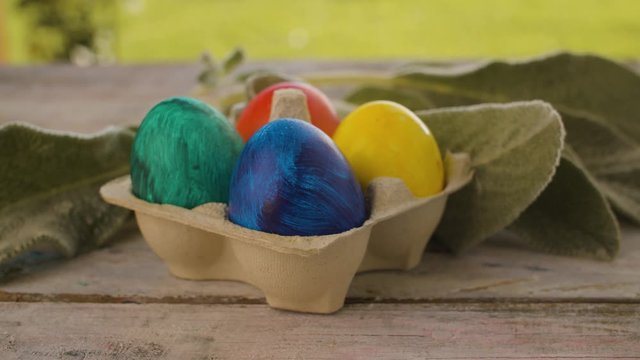 Close up multicolored painted Easter eggs in egg box and rabbits ear plant on wooden table in the garden. Dolly shot. Holiday concept