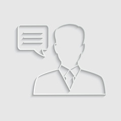 paper Businessman icon. man silhouette. Businessman in suit with chat icon