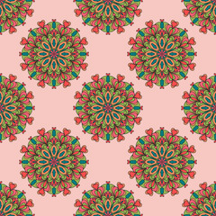 Fantasy seamless pattern with ornamental mandala. Abstract round doodle flower background. Floral geometric circle. Vector illustration.   