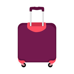 Purple travel plastic suitcase with wheels on white background
