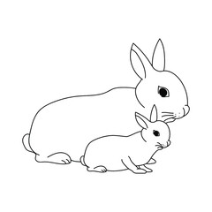 Adult rabbit and baby bunny, mom and baby animals, educational materials in the form of a coloring page for children, vector outline illustration