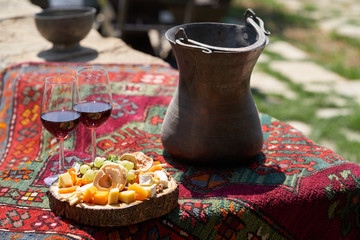 Wine and snack set. Antipasto and catering table