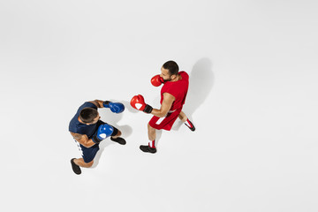 Two professional boxers boxing isolated on white studio background, action, top view. Couple of fit muscular caucasian athletes fighting. Sport, competition, excitement and human emotions concept.