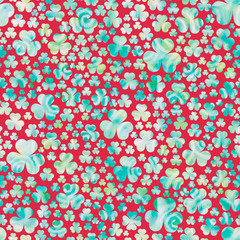 Watercolor blue-green clover leaves on red background. St.Patrick 's Day. Seamless pattern. Watercolor stock illustration. Design for backgrounds, wallpapers, textile, covers and packaging.