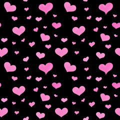 Seamless watercolor pattern with pink hearts on black background for fabric texture, children accessories design and decor