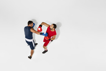 Plakat Two professional boxers boxing isolated on white studio background, action, top view. Couple of fit muscular caucasian athletes fighting. Sport, competition, excitement and human emotions concept.