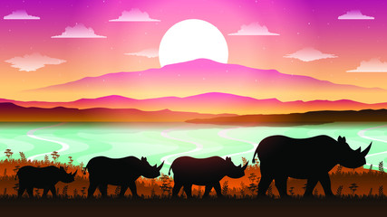 Fototapeta premium Abstract Orange And Pink Sky Gradient Background With Stars Lake And Rhinoceros Vector Design Style Nature Landscape