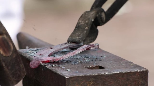 Close-up of a blacksmith's hammer bends a red-hot part. Pliers hold the horseshoe securely. The blacksmith demonstrates work.